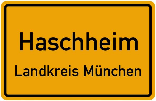 Ortschild von Haschheim, Landkreis München, mit gelbem Hintergrund und schwarzer Schrift.